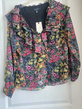 NWT Ted Baker London Women's Long Sleeve  Printed Ruffle Blouse Top  Large